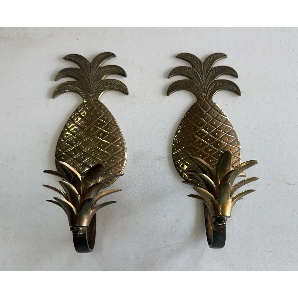 Lot of 2 Mid Century Modern Solid Brass Pineapple Wall MCM Candle Holders GTubH9